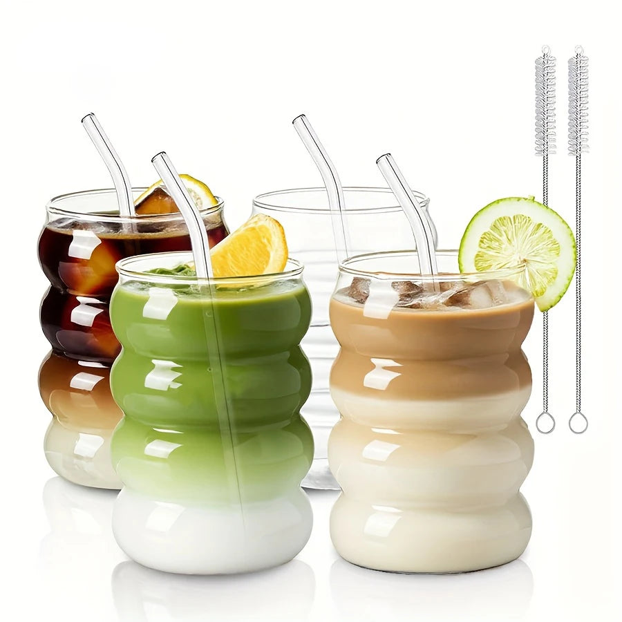 Set de Vasos de Vidrio Borosilicato 350ml con Pajita — Diseño Ondulado Vintage