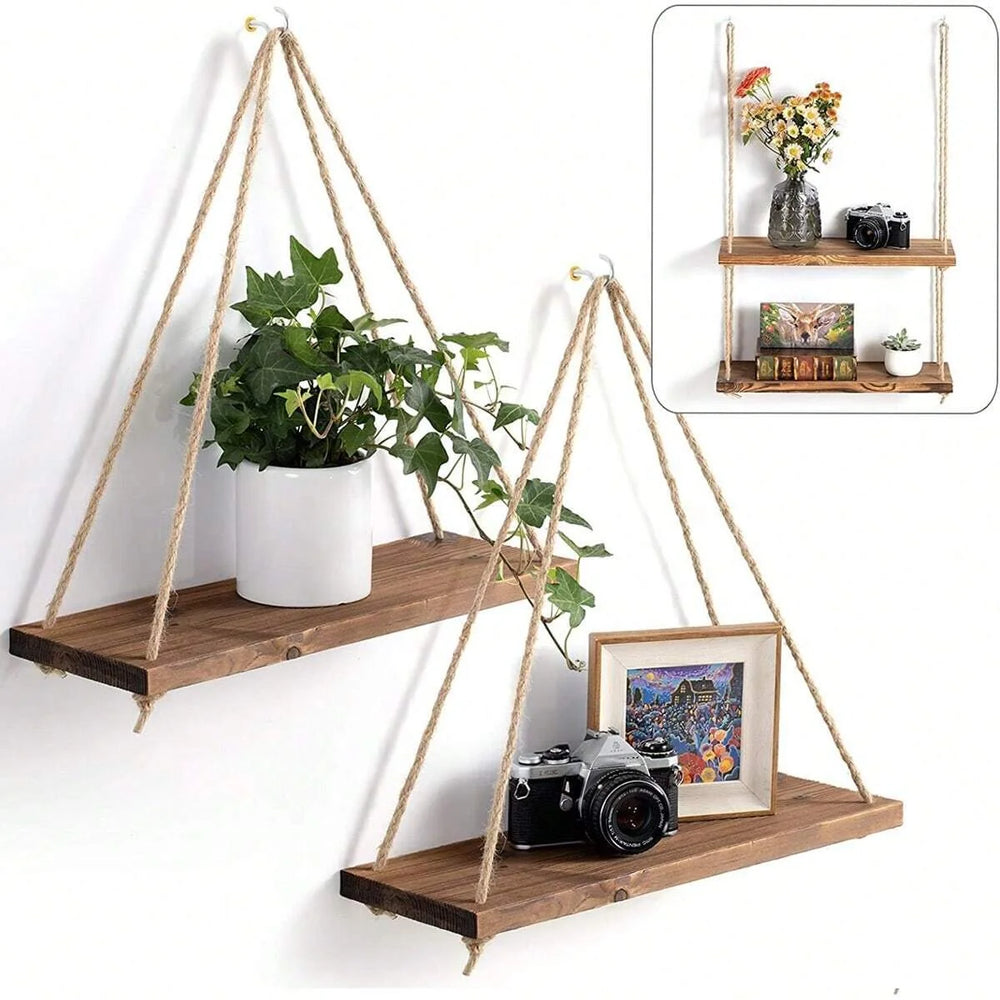 Estantería Colgante de Madera con Cuerda de Cáñamo — Balda Decorativa para Plantas y Objetos