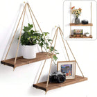 Estantería Colgante de Madera con Cuerda de Cáñamo — Balda Decorativa para Plantas y Objetos