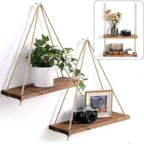 Estantería Colgante de Madera con Cuerda de Cáñamo — Balda Decorativa para Plantas y Objetos