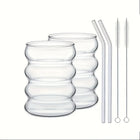 Set de Vasos de Vidrio Borosilicato 350ml con Pajita — Diseño Ondulado Vintage