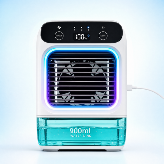 Miniaire Portátil 900ml — Ventilador Enfriador con 3 Velocidades y Luz Nocturna 7 Colores